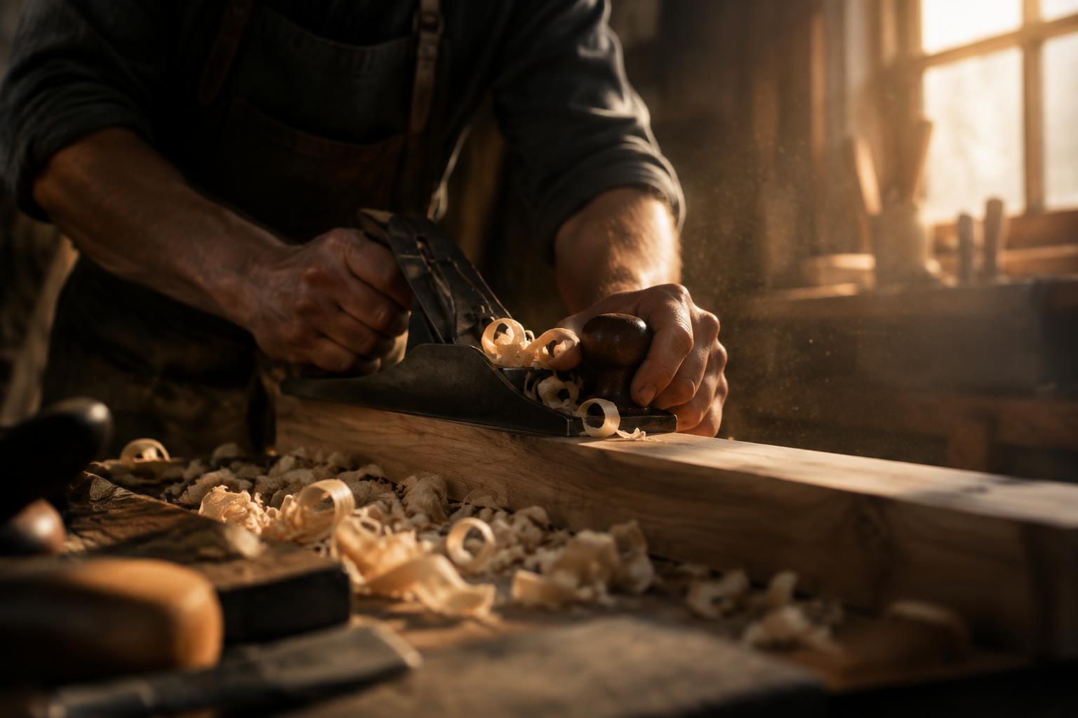 Hände eines Handwerkers beim Hobeln von Holz